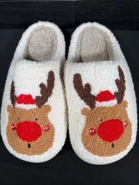 Christmas Reindeer Fuzzy Sherpa Slippers | Women's Size 8.5 Holiday